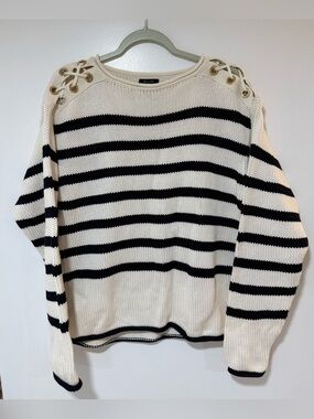 Massimo Dutti Cream & Black Striped Lace-Up Shoulder Sweater